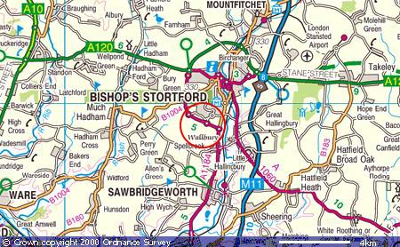 Small scale map showing location of St James the Great, Thorley